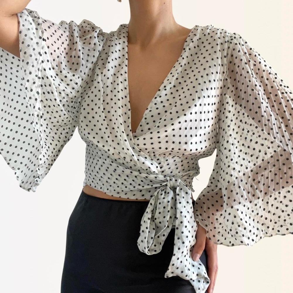 Alice + Olivia | Black white "Bray" polka dot crepe wrap bell sleeve blouse | XS